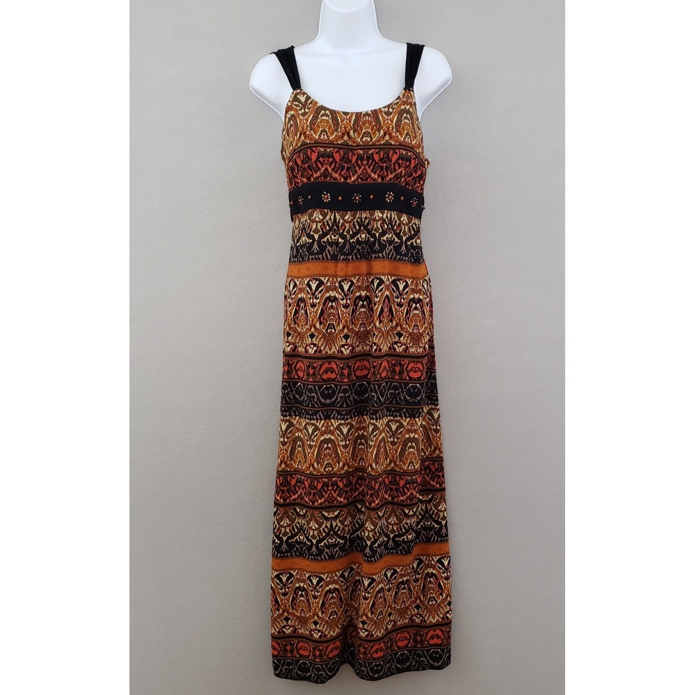 New Directions Women's 6 Maxi Dress Orange Brown Tribal Boho Beaded‎ Waist Tie